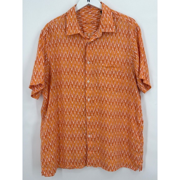 Tasso Elba Tops - Tasso Elba Orange White Ikat Chevron 100% Linen Short Sleeve‎ Button Shirt XL